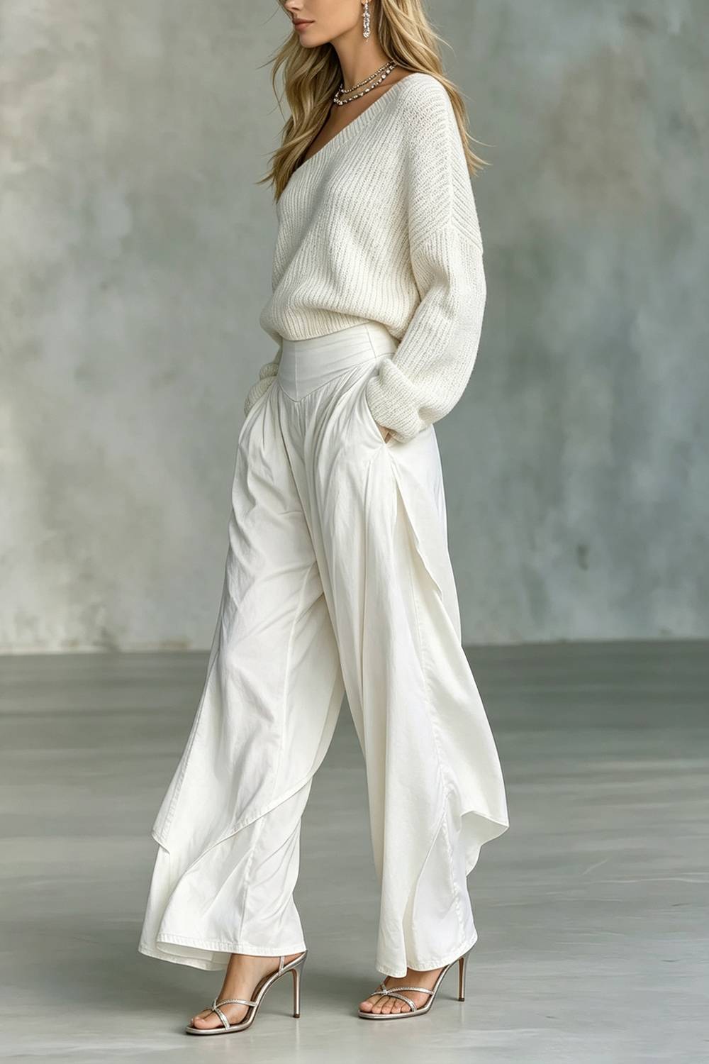 Zweiteiliges Set aus geripptem schulterfreiem Top und Hose mit weitem Bein in Lagenoptik