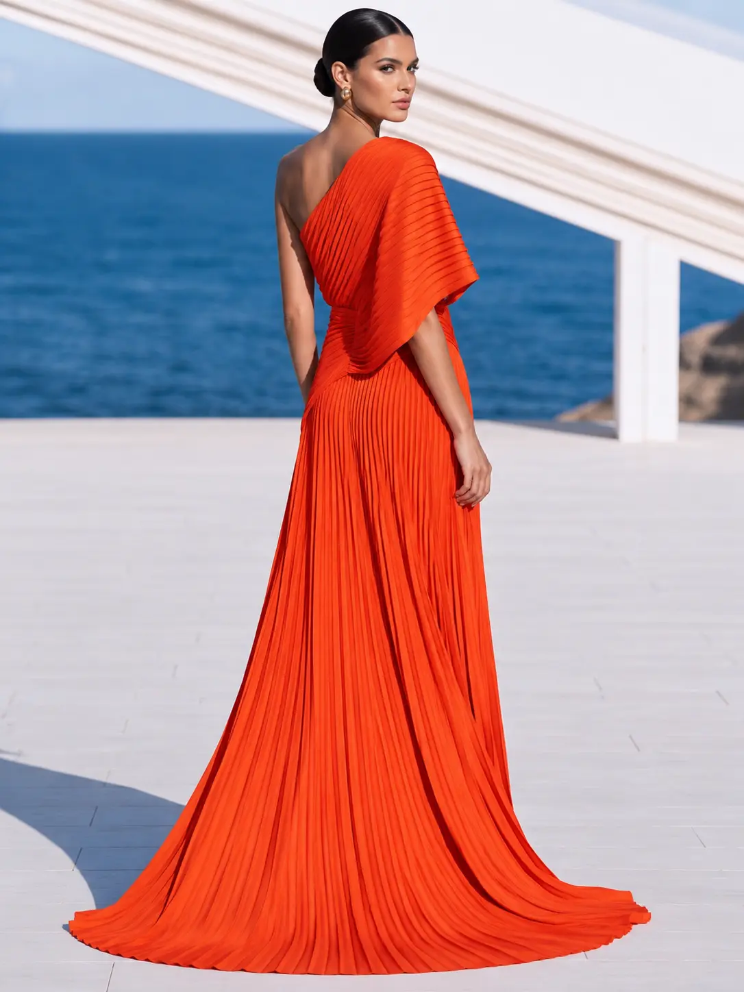 Vestido largo plisado naranja vibrante de un solo hombro – vestido de estilo griego