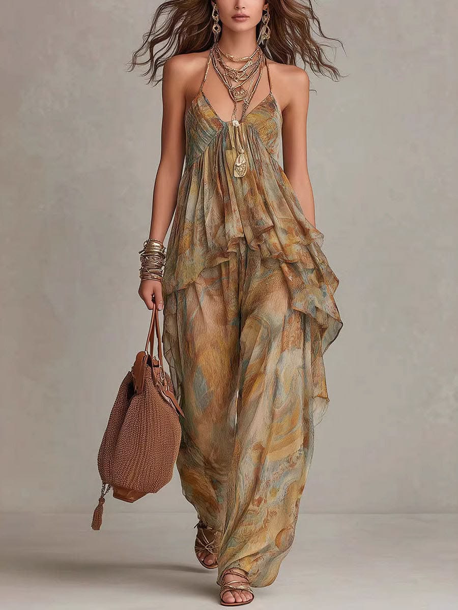 Conjunto de top halter y pantalones de pierna ancha con estampado bohemio