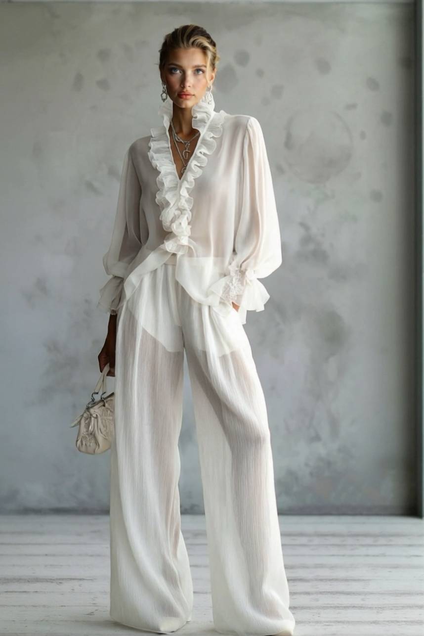 Lace Long Sleeve Shirt And Wide Leg Pants Set
