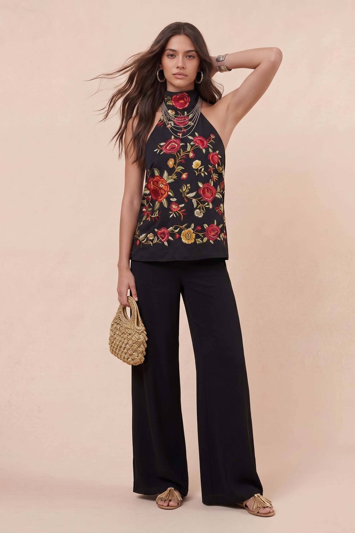 Set aus schulterfreiem Oberteil mit Print und Hose mit weitem Bein