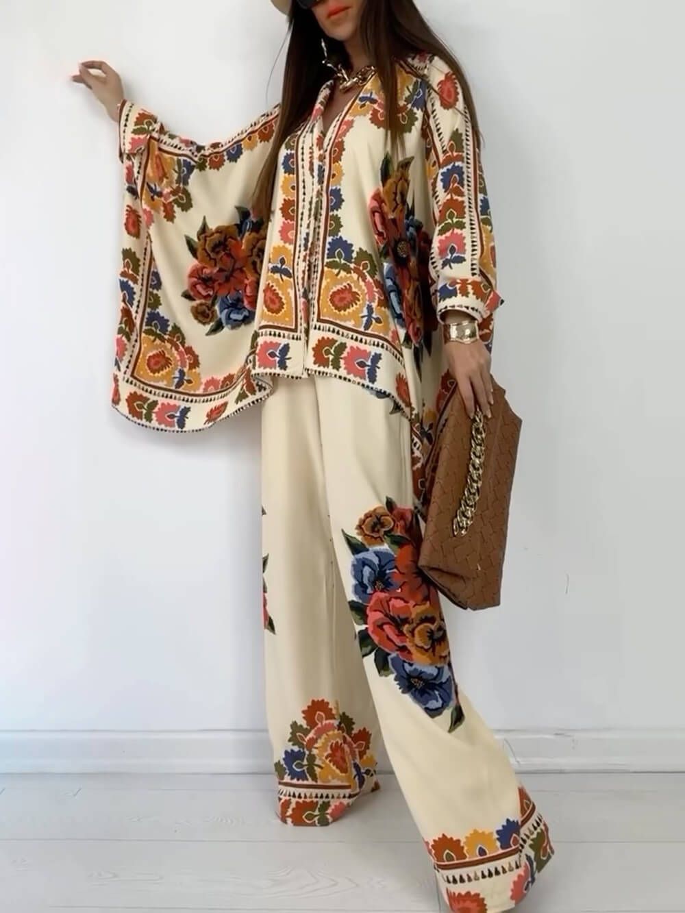 Pantalones anchos de estampado étnico único, con cintura elástica y bolsillos