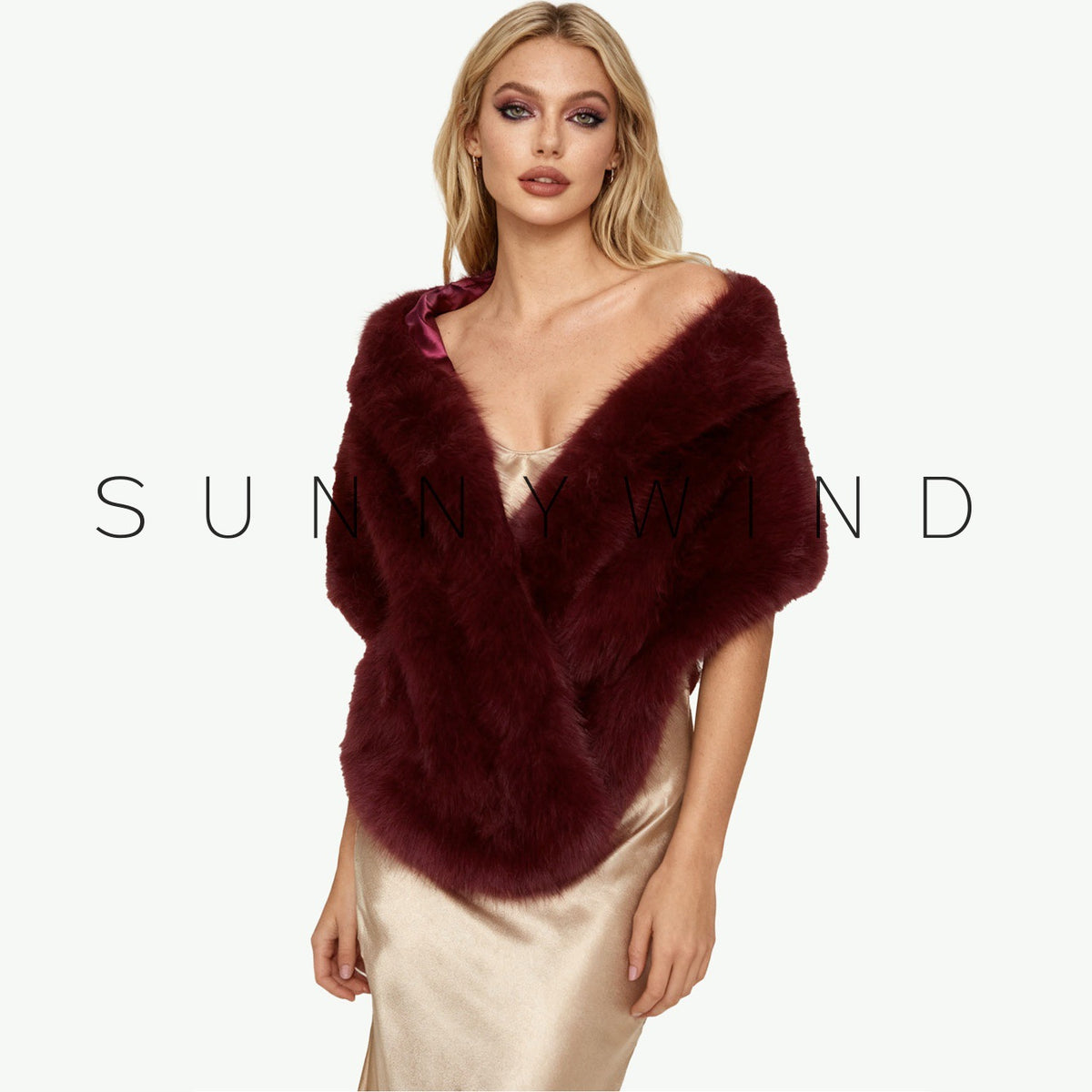 Stylish and elegant faux fur-collared shawl for evening party gowns.