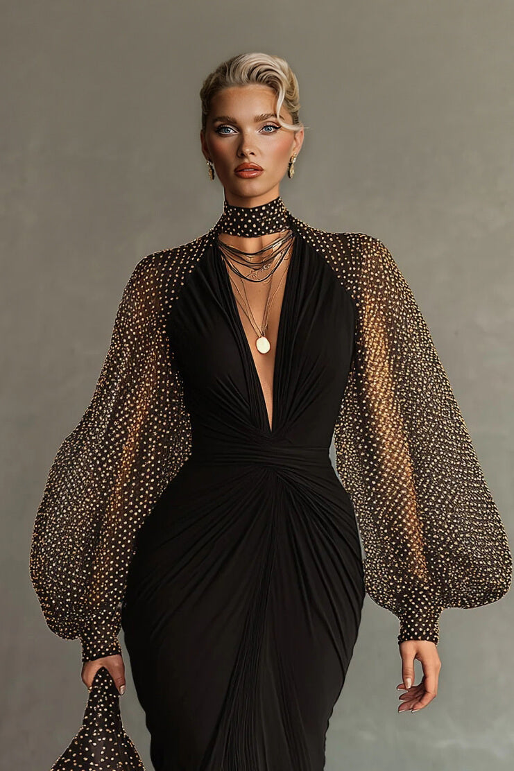 Elegant Mesh Polka Dot Ruched Waist Front-Slit Maxi Dress