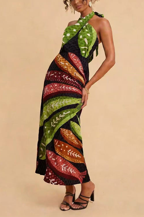 Abito midi estivo a portafoglio per donna, senza maniche, con scollo all'americana e stampa di foglie tropicali