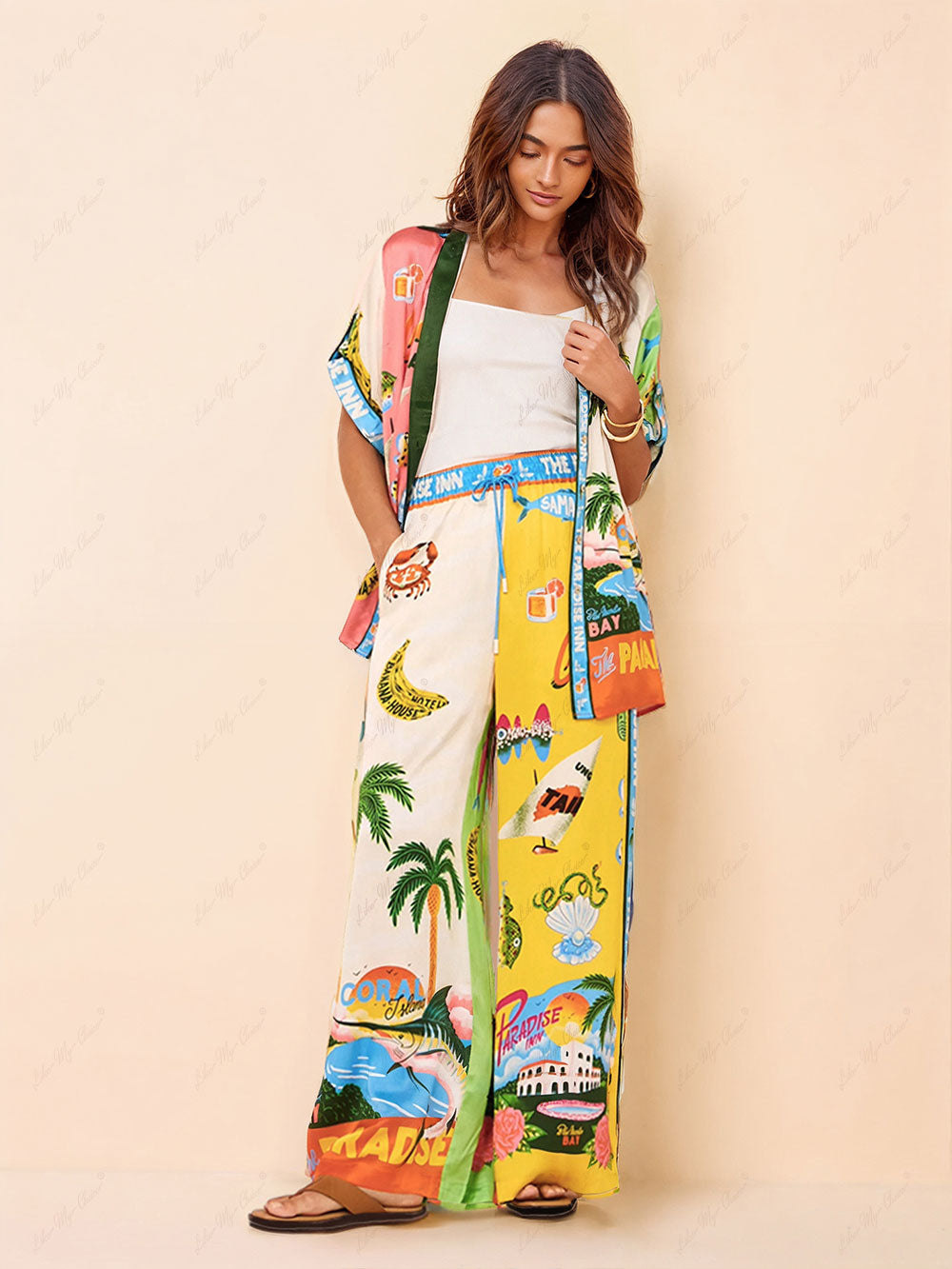 Conjunto estampado de dos piezas estilo verano en la playa - Pantalones