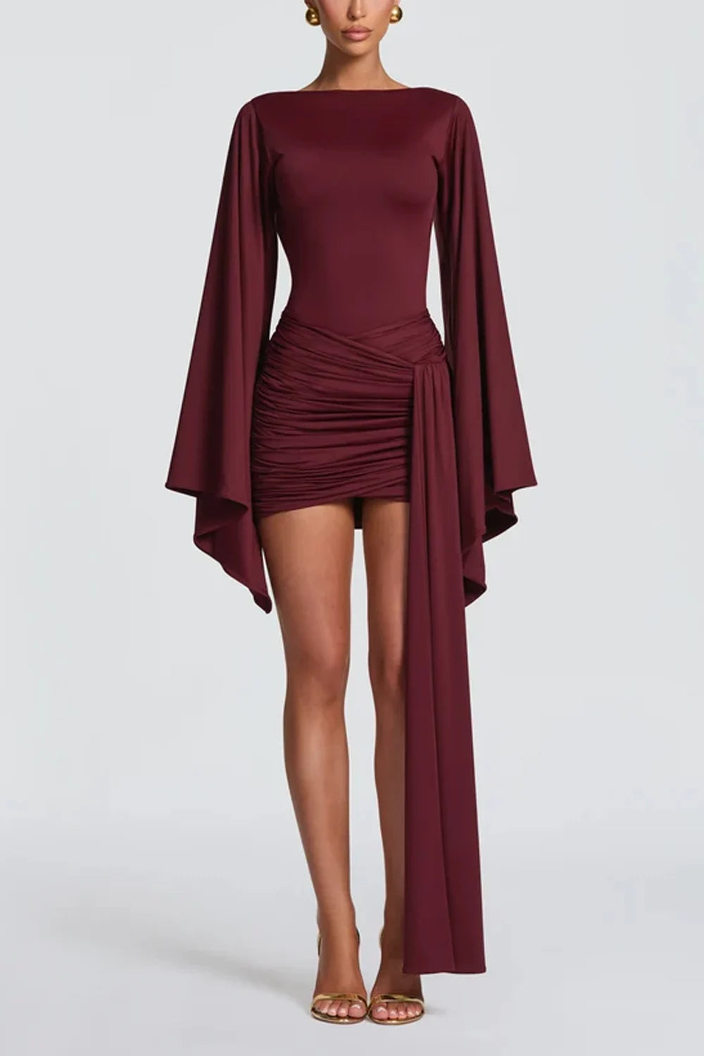 Boat Neck Flared Long Sleeve Ruched Mini Dress with Draped Sash
