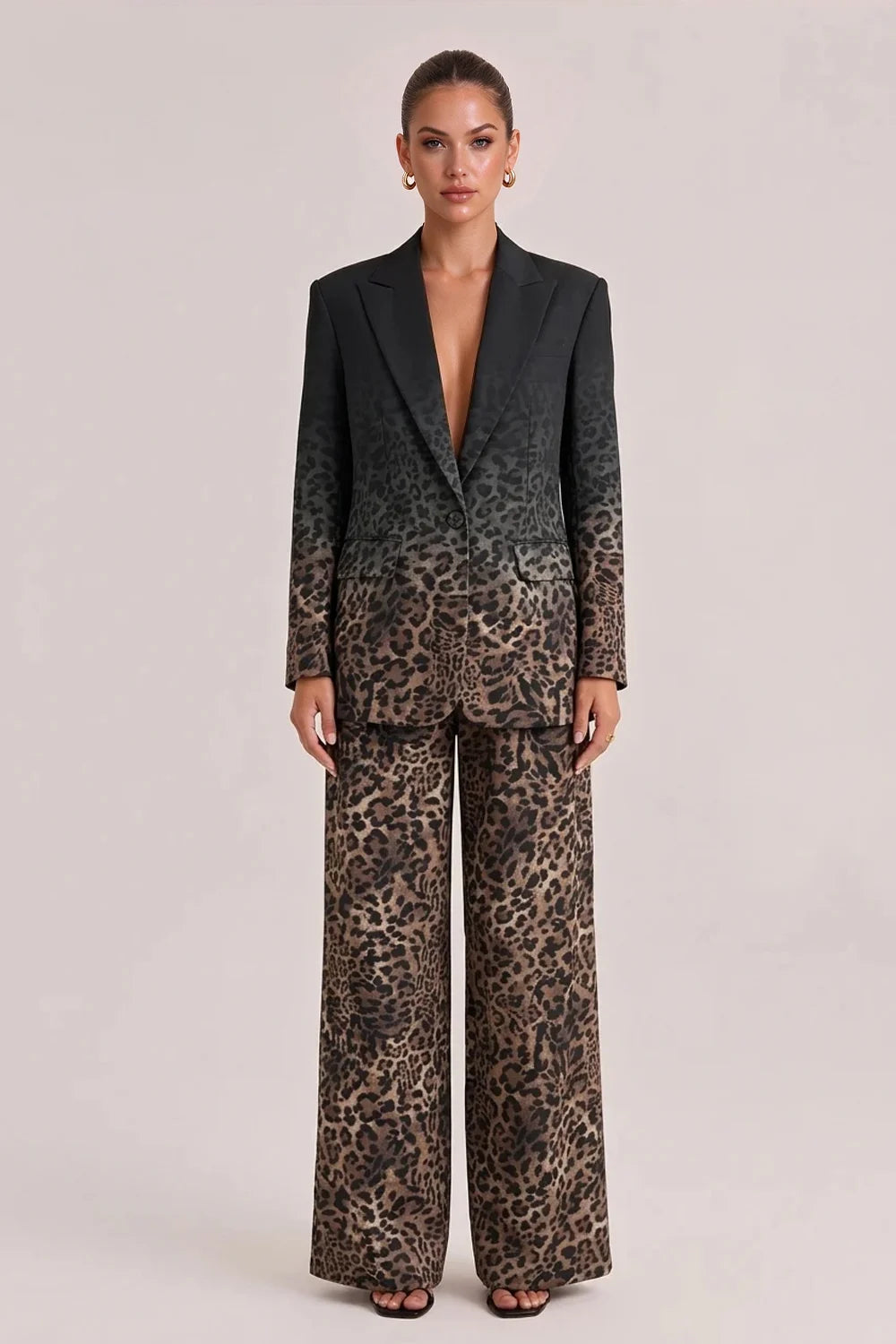 Ombré Leopard Print Blazer and Wide Leg Pants Two Piece Suit Set