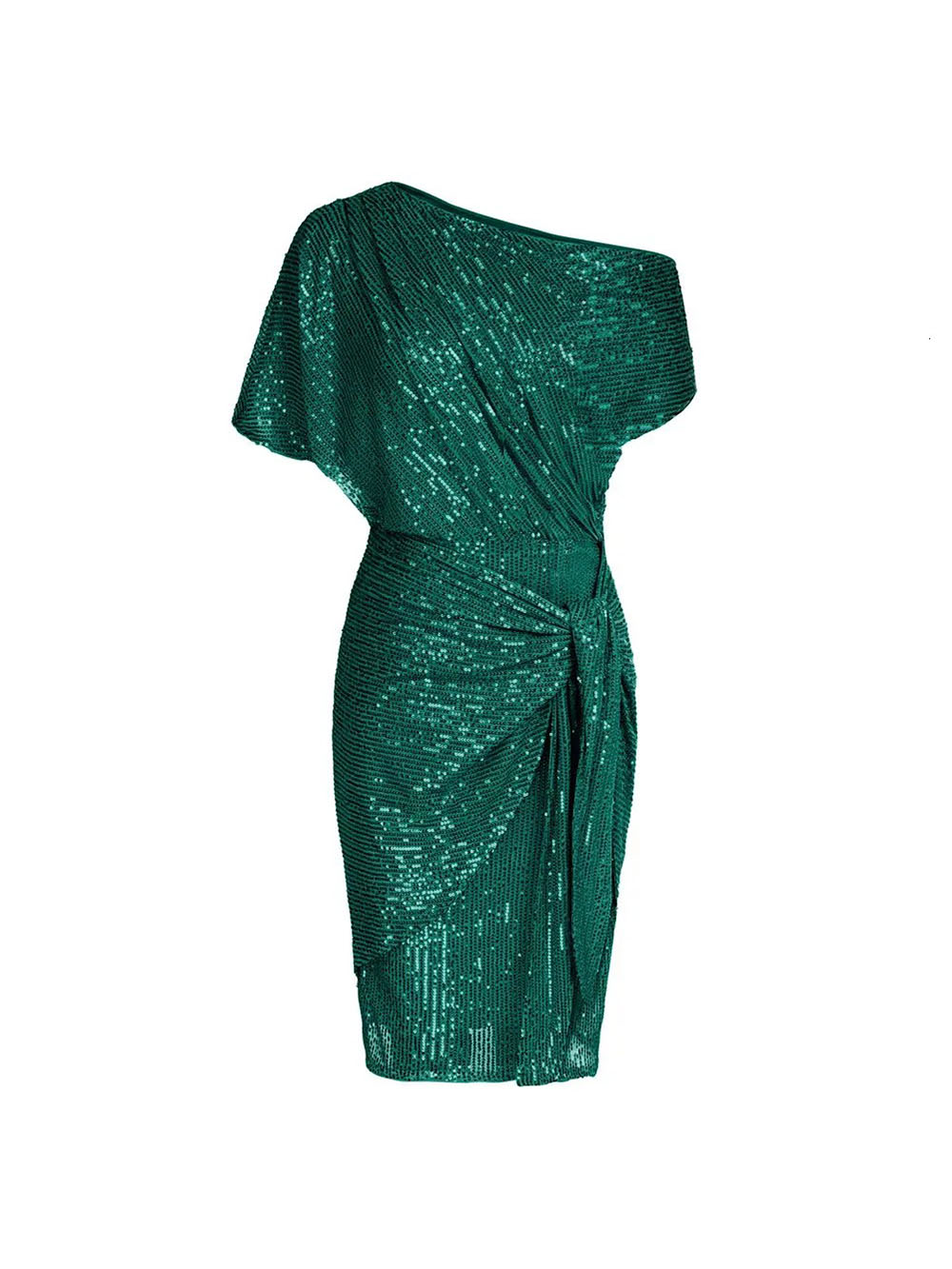 Elegante vestido mini asimétrico de lentejuelas y hombros descubiertos