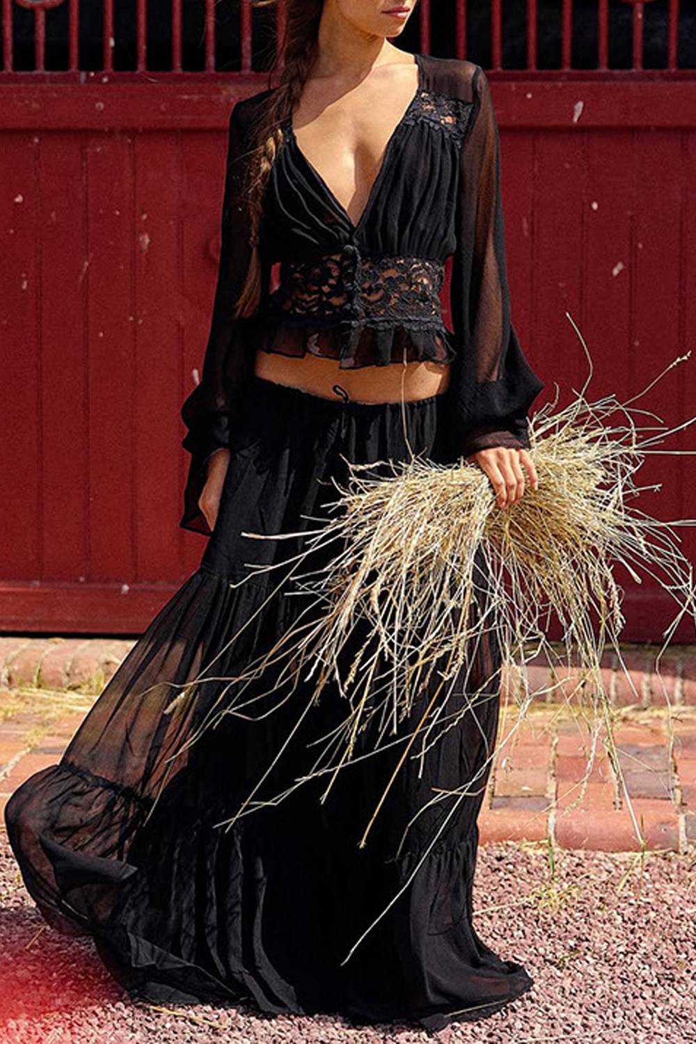 Bohemian Resort-Style Lace-Patchwork Top And Skirt Two-Piece Set
