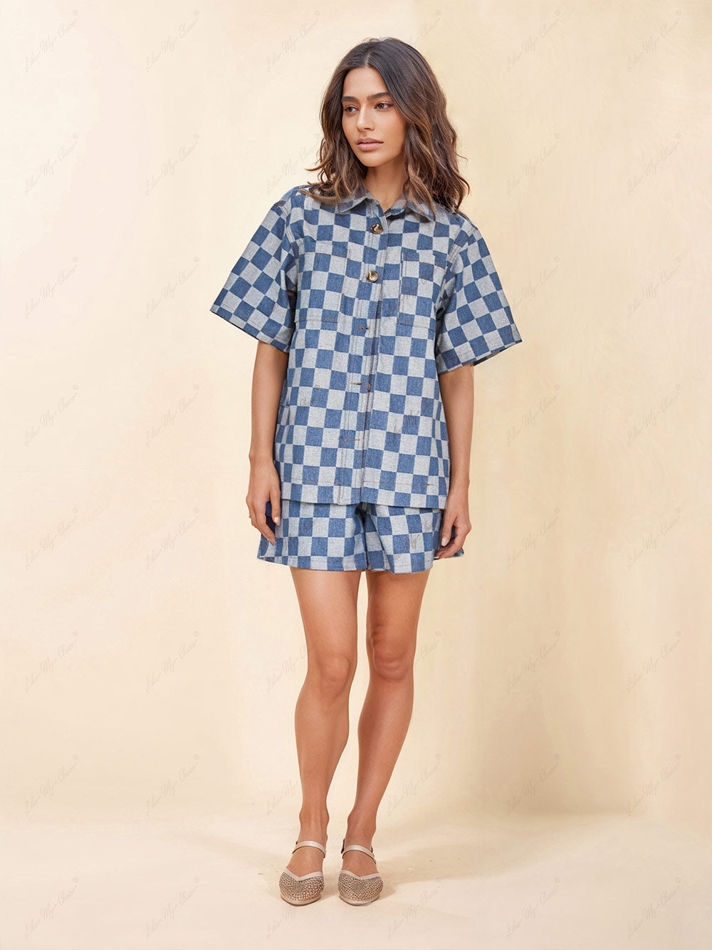 Camicia di jeans ampia con stampa a quadri