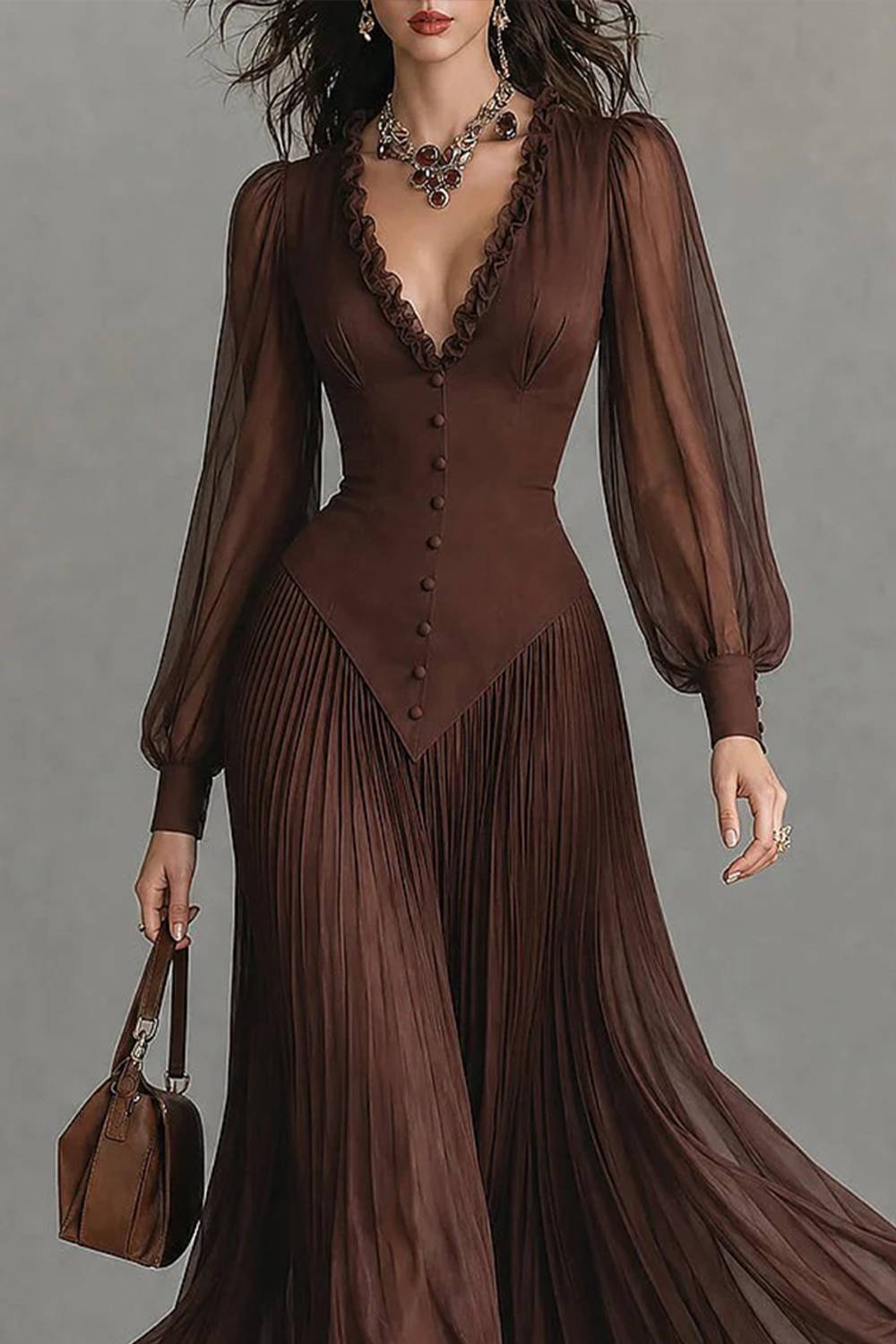 Vestido vintage com decote em V e mangas balão
