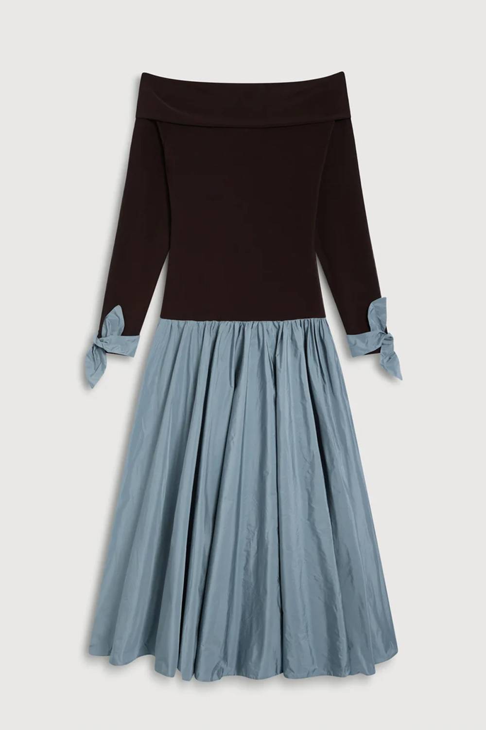 Off Shoulder Long Sleeve Color Block Midi Dress