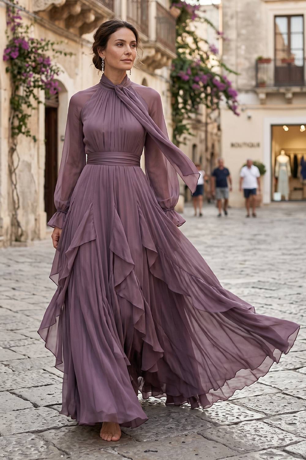 Vestido de noite maxi fluido com gola subida, laço, mangas compridas transparentes e folhos