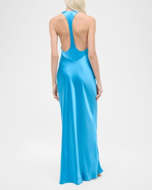 Vestido largo de satén azul eléctrico con cuello halter y espalda descubierta - vestido lencero de noche