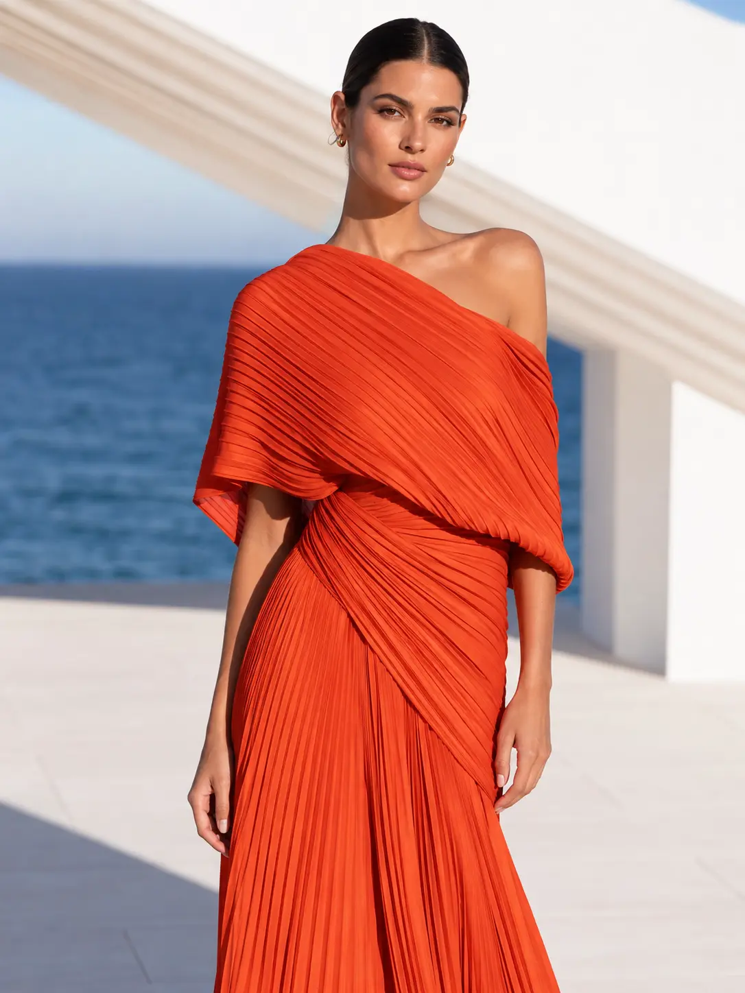 Vestido largo plisado naranja vibrante de un solo hombro – vestido de estilo griego
