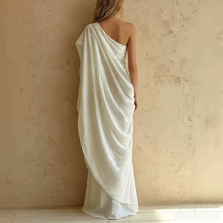 One Shoulder Draped Belted Textured Maxi Dress