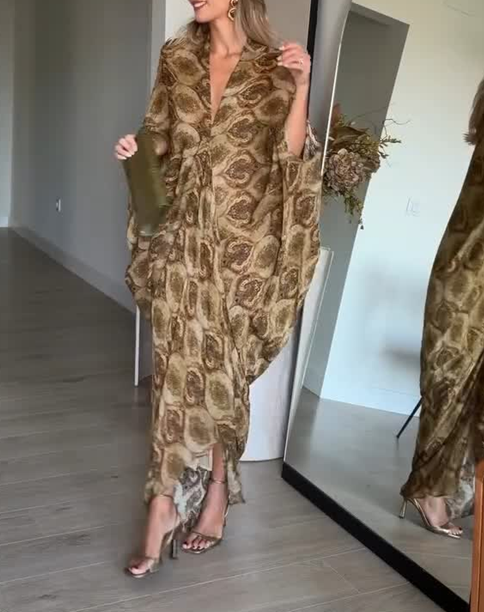 Kaftan V-Neck Batwing Sleeve Printed Maxi Dress