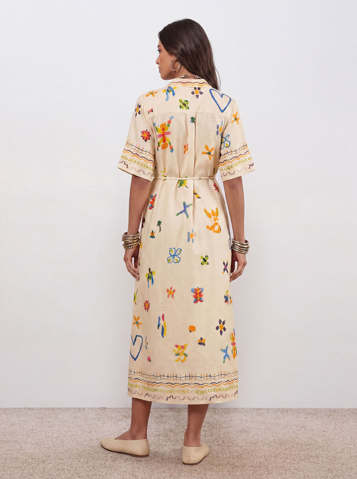 Robe-chemise midi élégante à imprimé aquarelle peint à la main