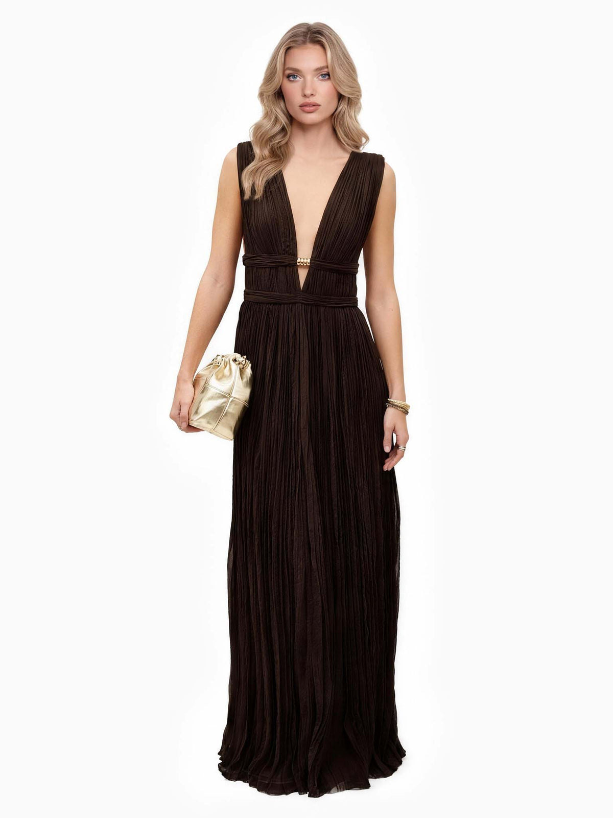 Vintage Chocolate Brown Satin Wrap Dress With Floral Ruffle Hem & Bishop Sleeves – Elegant Evening Gown