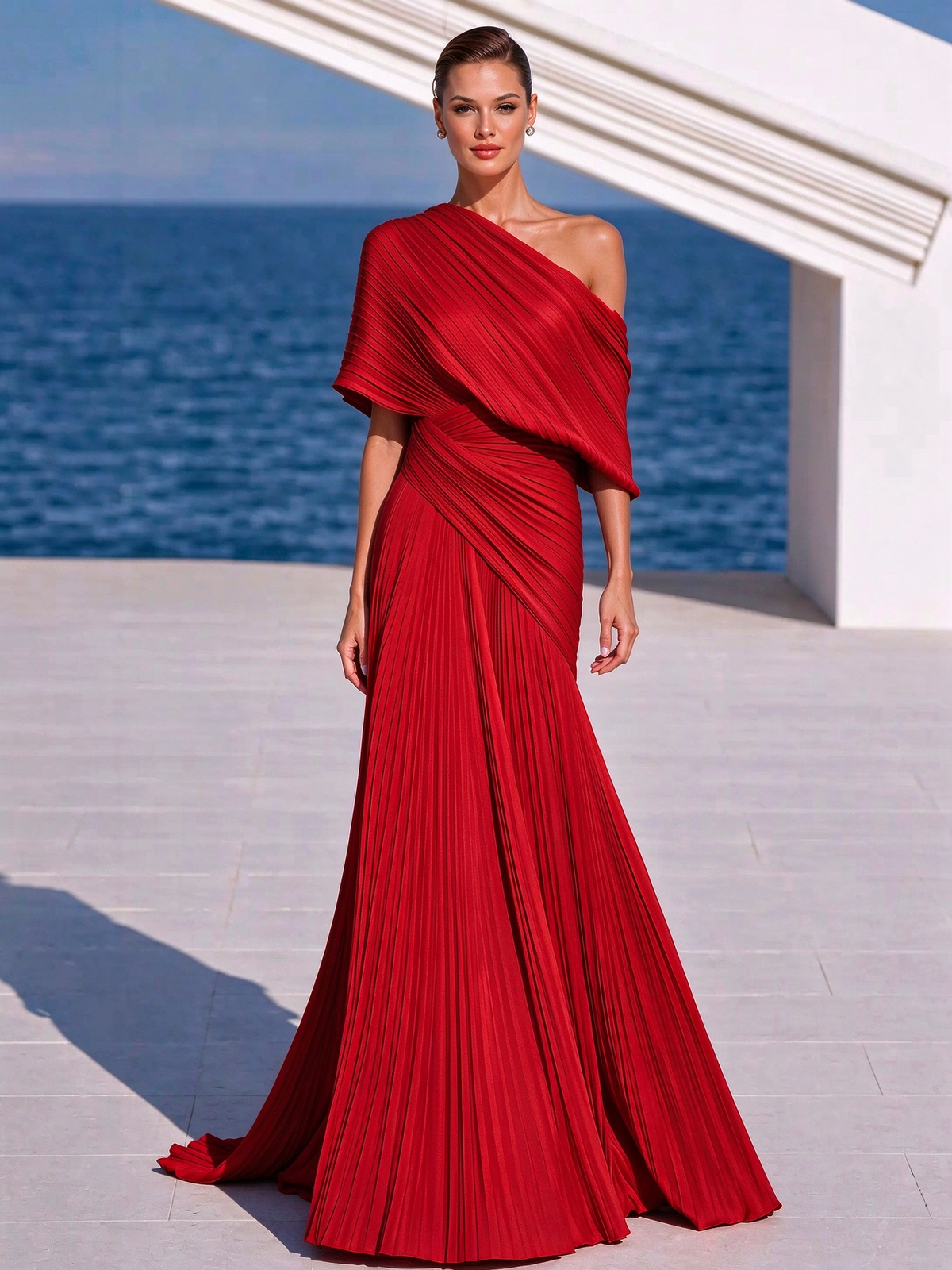 Vibrant Orange One-Shoulder Pleated Maxi Dress – Grecian Gown