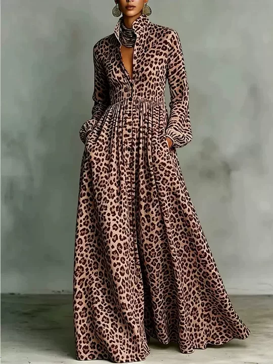 Vestido maxi com estampado de leopardo, gola subida, botões à frente, mangas compridas e bolsos