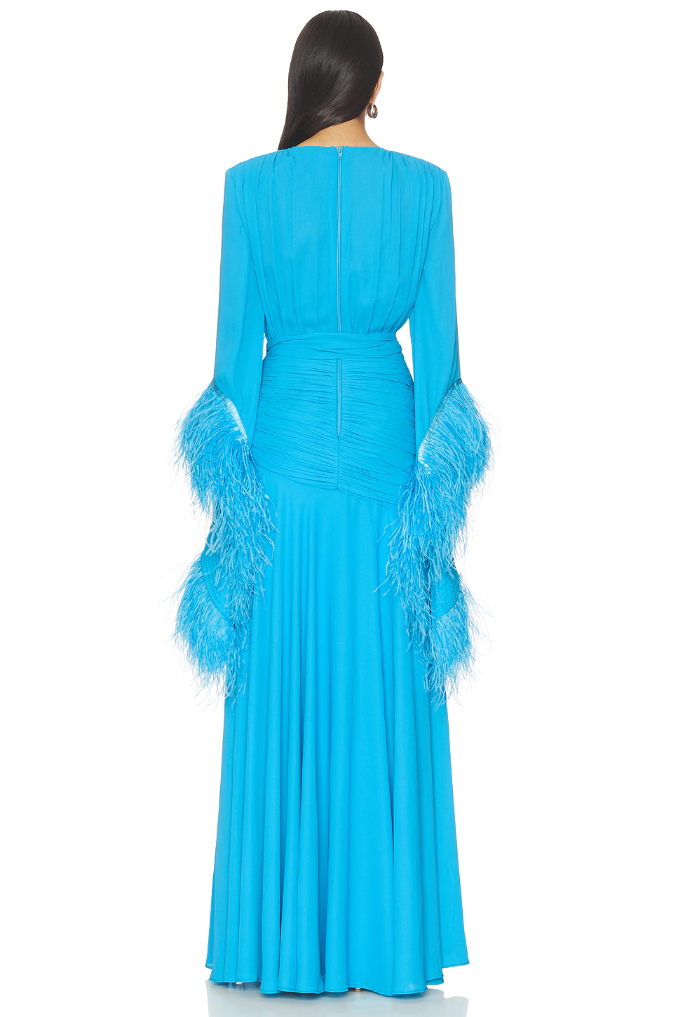Maxi abito elegante in chiffon fluido con scollo a V e polsini con piume