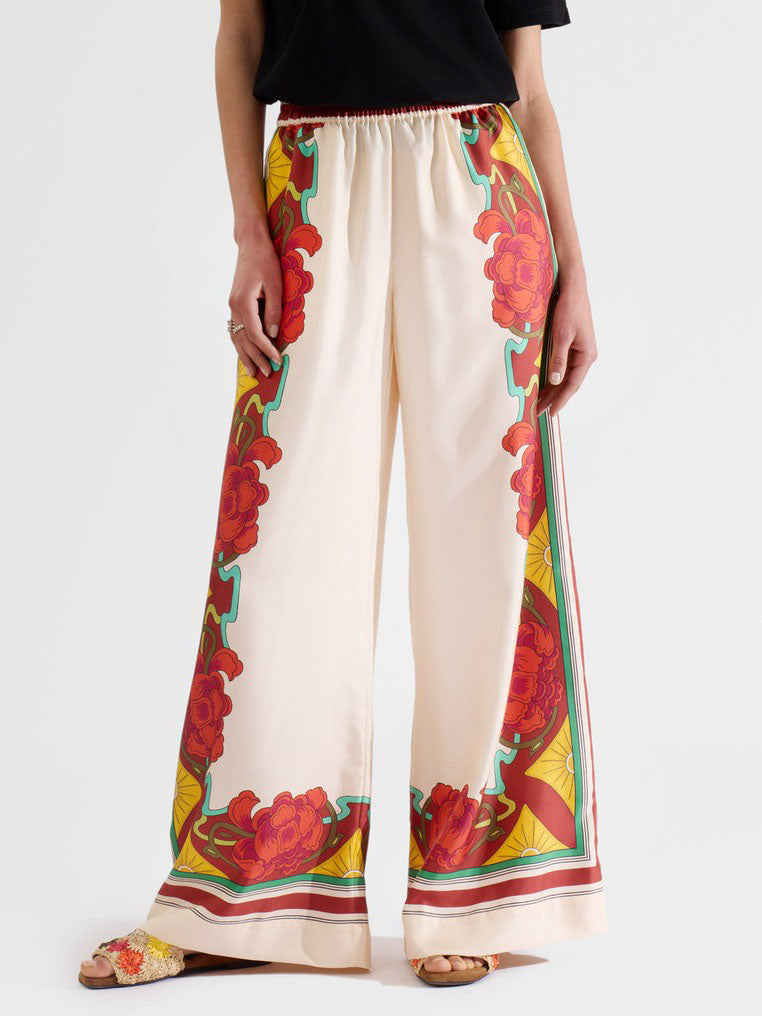 Exquisite Floral Print Elastic Waist Wide-leg Pants