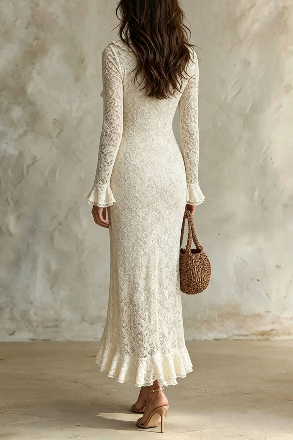 Vestido largo ajustado de encaje con escote en V, volantes y mangas largas