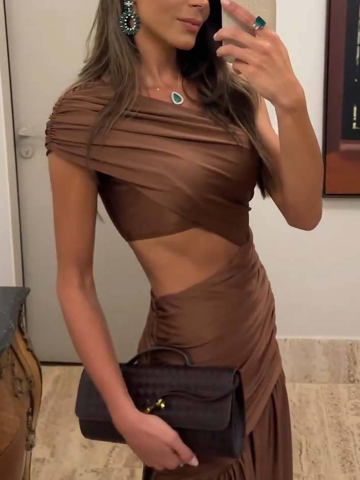 Unique Off-shoulder Waist Hollow Maxi Dress
