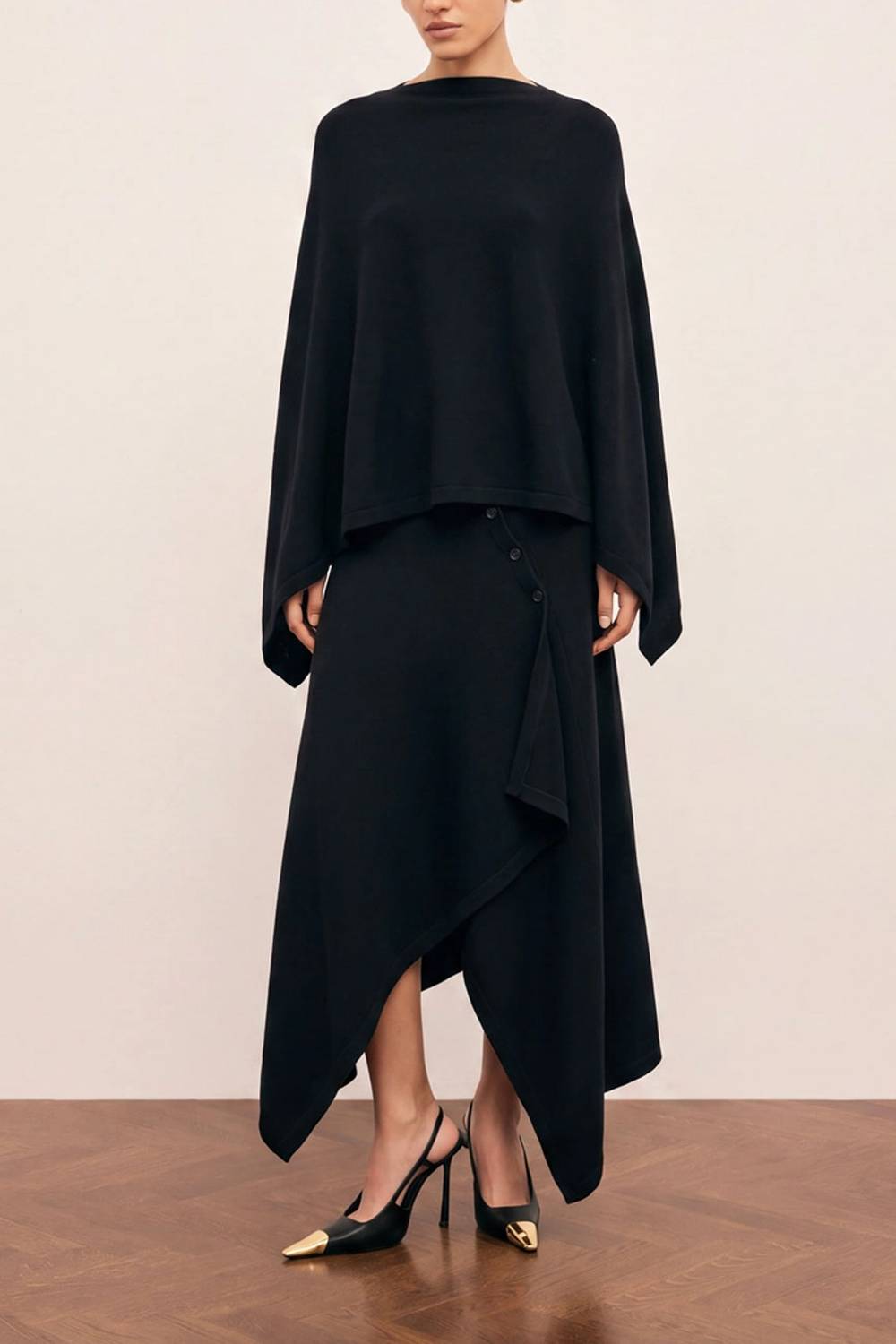 Draped Cape Top & Asymmetric Midi Skirt Two Piece Set