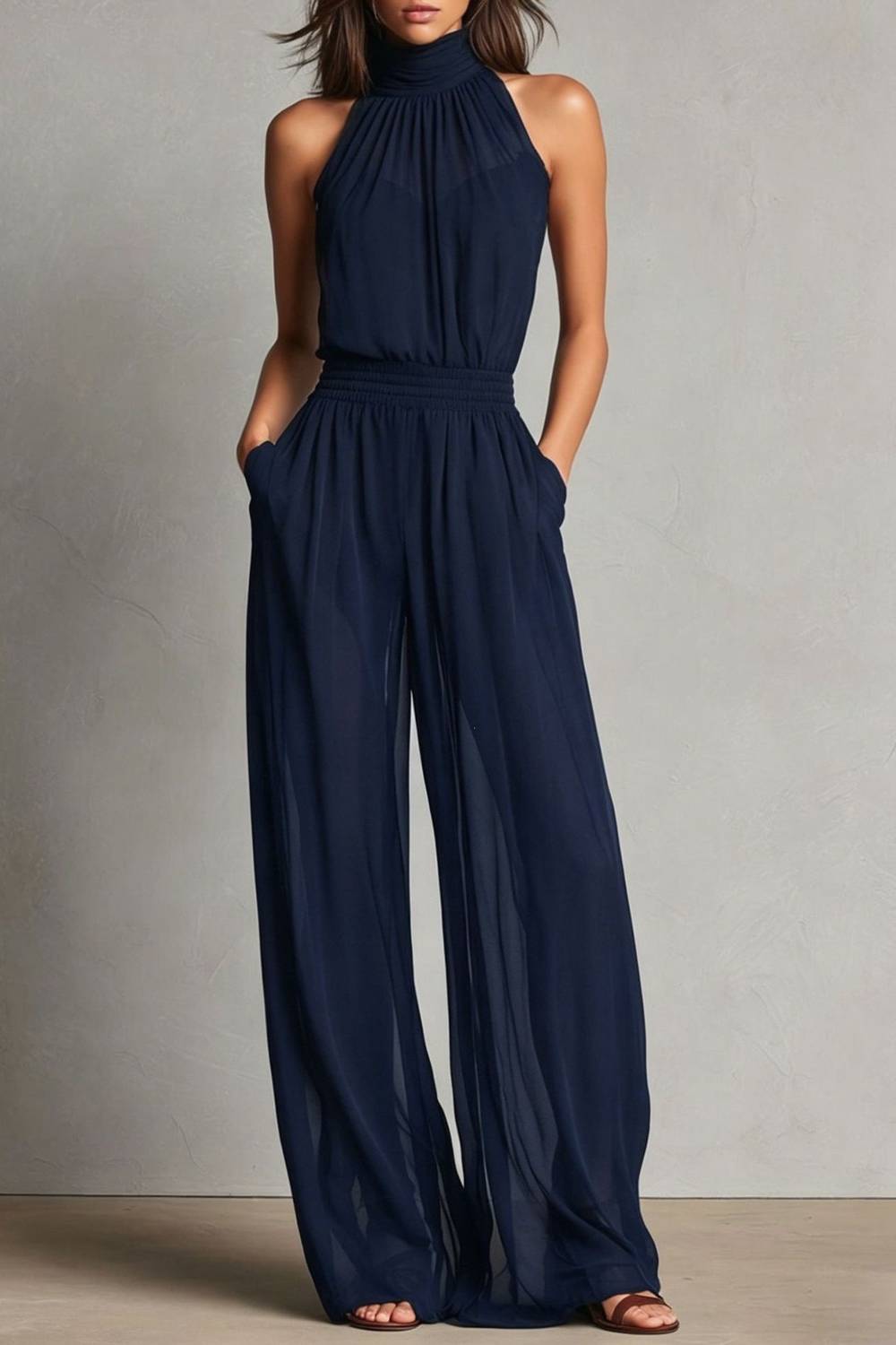 Combinaison à col montant, taille smockée et jambes larges, avec poches
