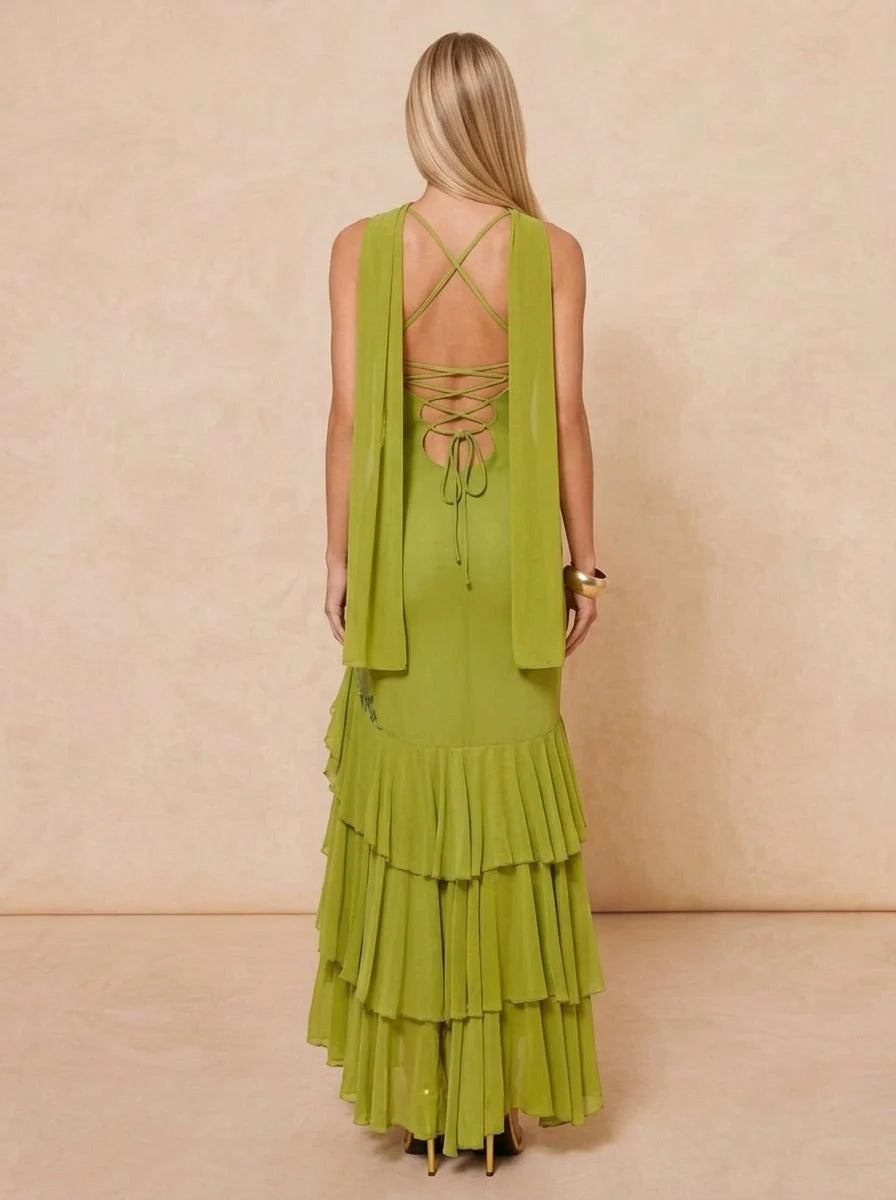 Maxikleid in Olivgrün mit Paillettenstickerei, Spaghettiträgern, Volants und Meerjungfrauen-Silhouette