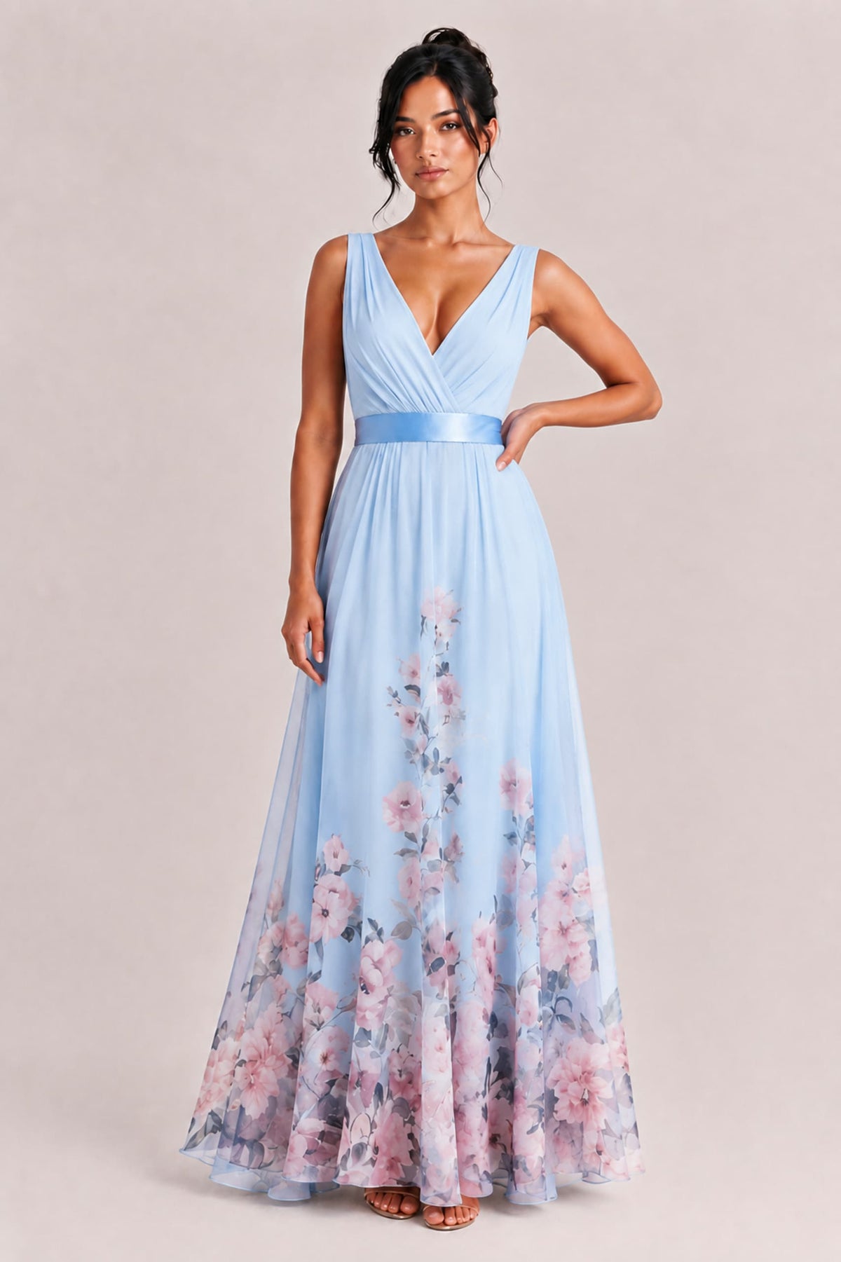 Elegantes Maxikleid mit Blumenmuster und V-Ausschnitt