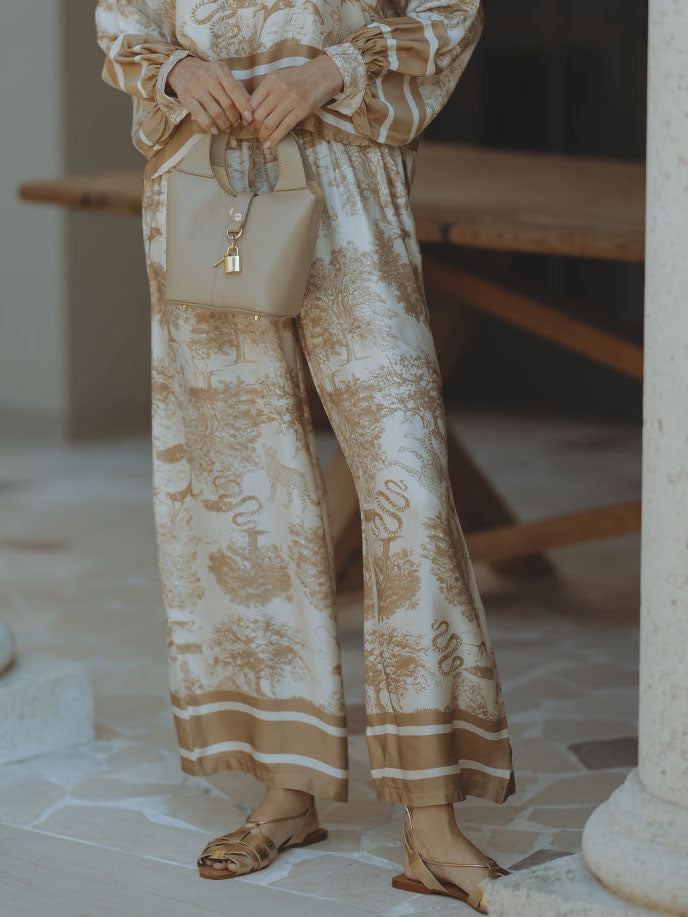 Pantalon ample en satin à imprimé floral jungle et jambes larges