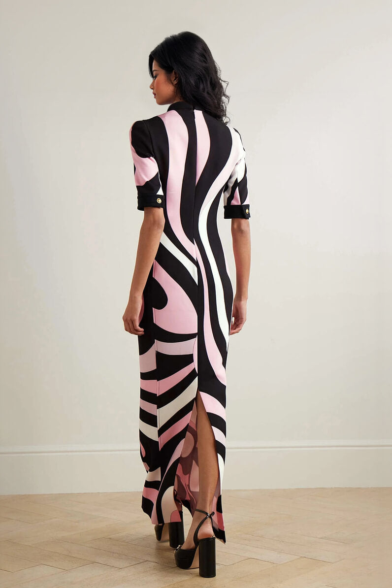 Retro-Inspired Unique Printed Satin Crinkle Maxi Dress