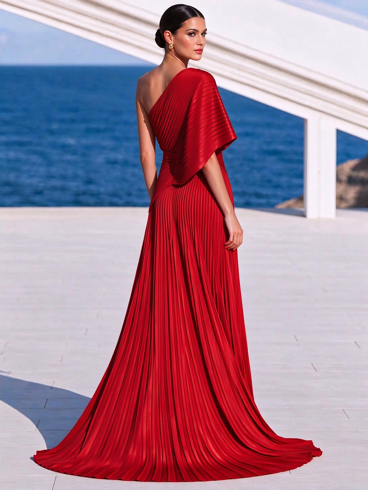 Vestido largo plisado naranja vibrante de un solo hombro – vestido de estilo griego