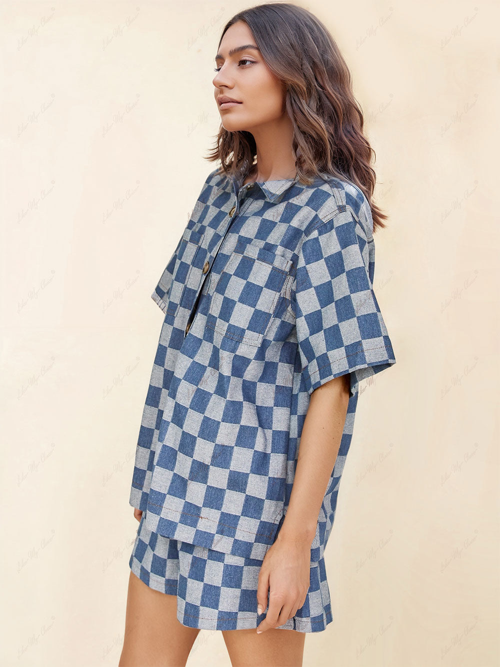 Camicia di jeans ampia con stampa a quadri