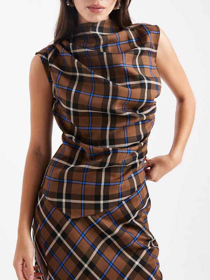 Ensemble décontracté avec haut plissé à carreaux et pantalon large