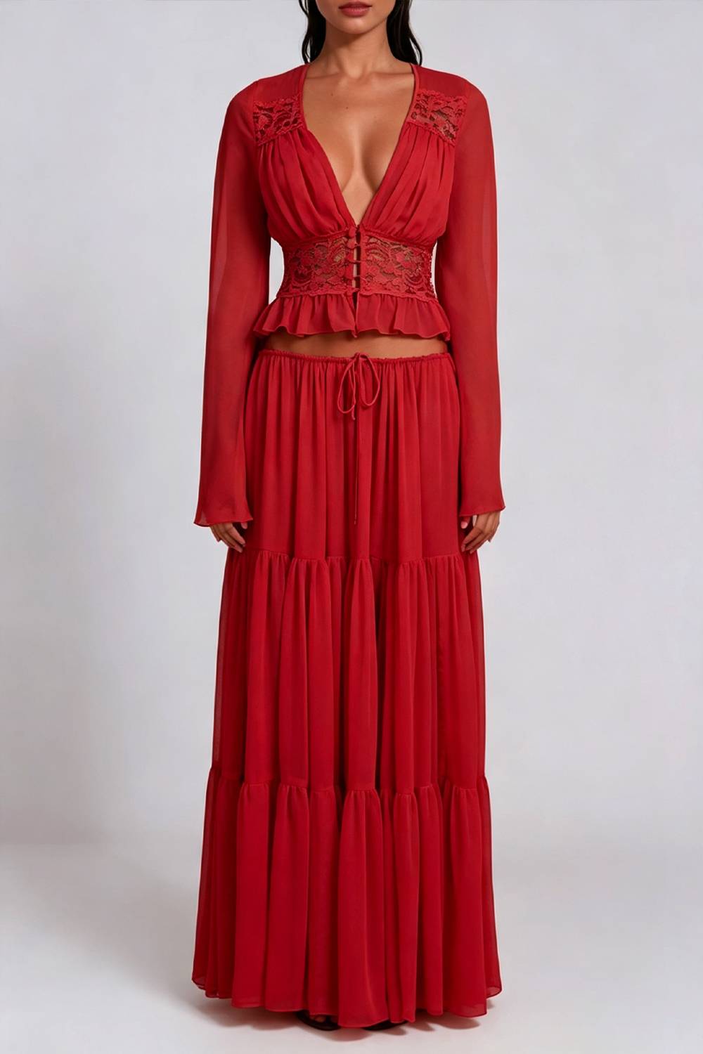 Bohemian Resort-Style Lace-Patchwork Top And Skirt Two-Piece Set