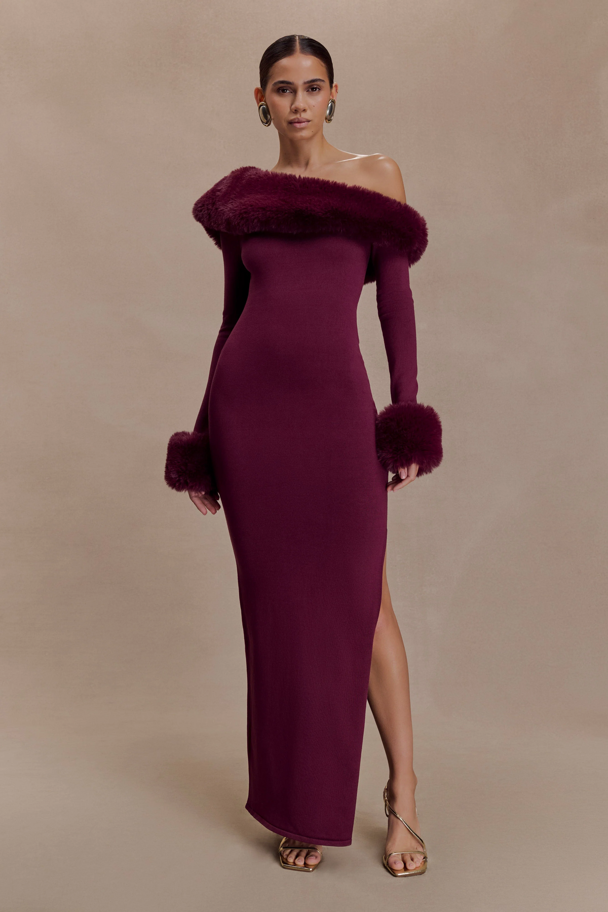 Burgundy One-Shoulder Maxi Dress With Faux Fur Trim & High Slit