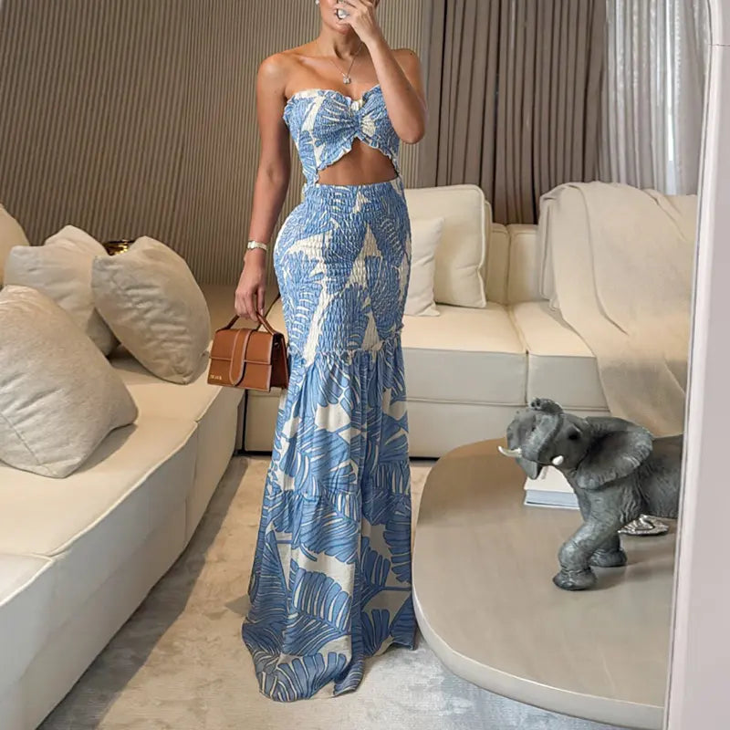 Conjunto de falda larga con estampado floral, sin tirantes, cordón ajustable y aberturas