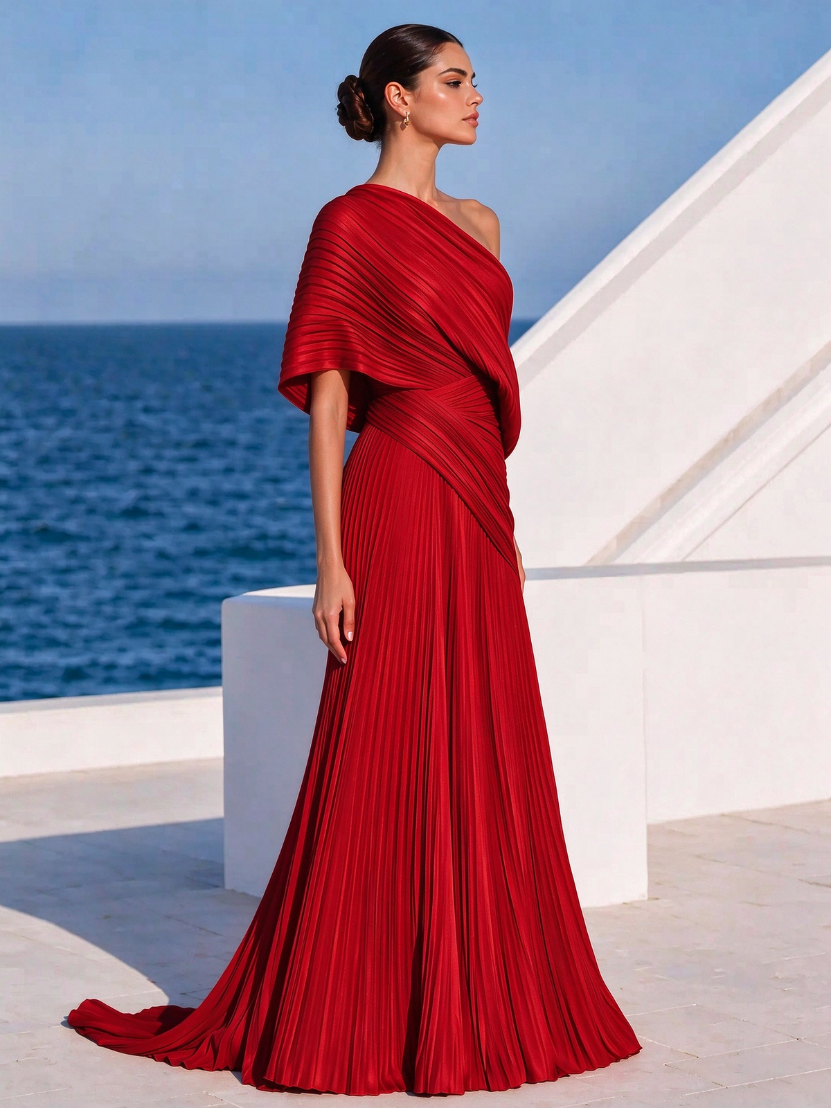 Vestido largo plisado naranja vibrante de un solo hombro – vestido de estilo griego