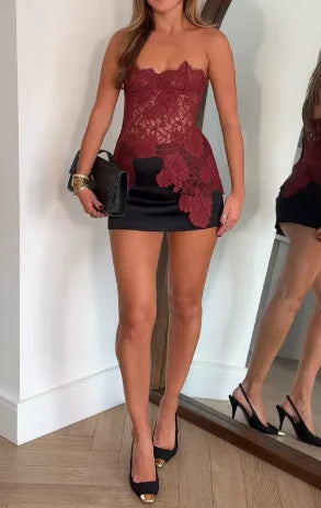 Strapless Floral Lace Corset Top with Scalloped Sweetheart Neckline and Asymmetric Hem