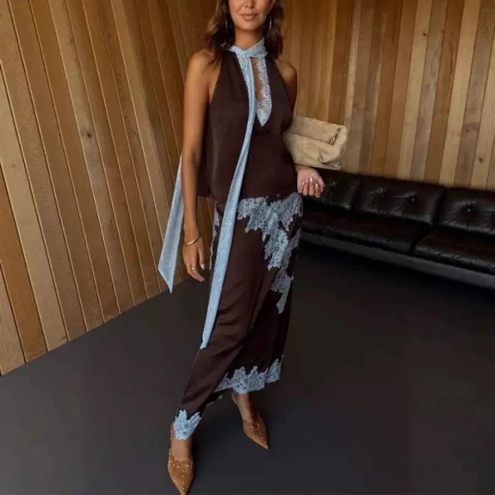 Lace Trim Satin Halter Two‑Piece Set Women Sleeveless Tank Top & Maxi Skirt Outfit With Scarf