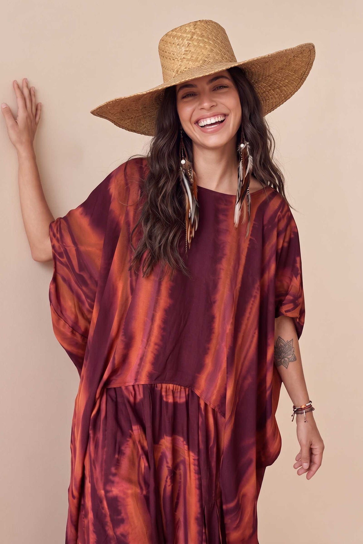Set aus bedrucktem Oberteil und Hose mit weitem Bein