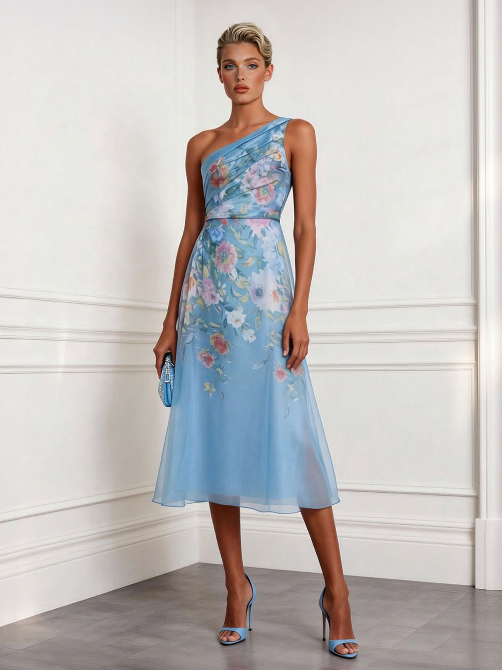 Robe midi élégante à une épaule, en tulle à imprimé floral