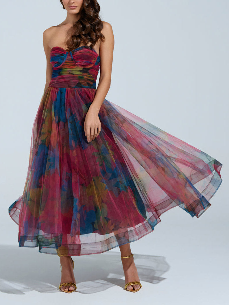 Elegant Fantasy Tulle Floral Print Midi Dress