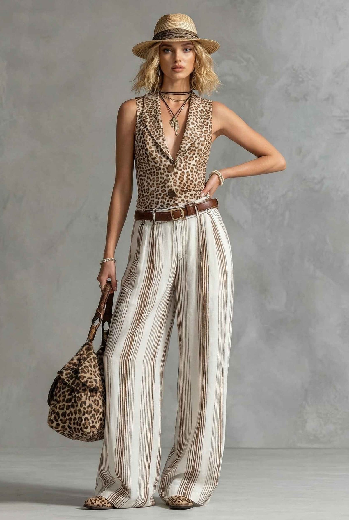 Set con gilet leopardato e pantaloni a gamba larga a righe