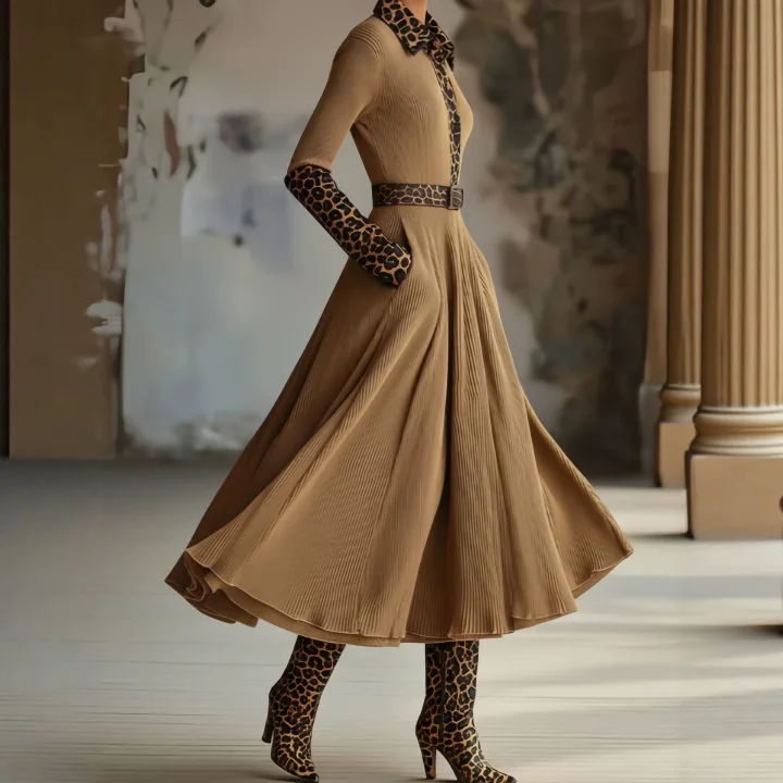 Camel Knit Midi Shirt Dress Leopard Print Contrast Collar Cuff Belted A‑Line Swing Dress